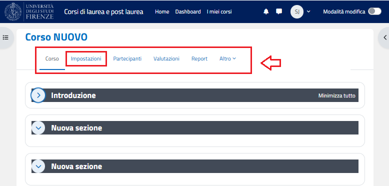 ACCEDERE ALLA PAGINA DI MODIFICA IMPOSTAZIONI DEL CORSO