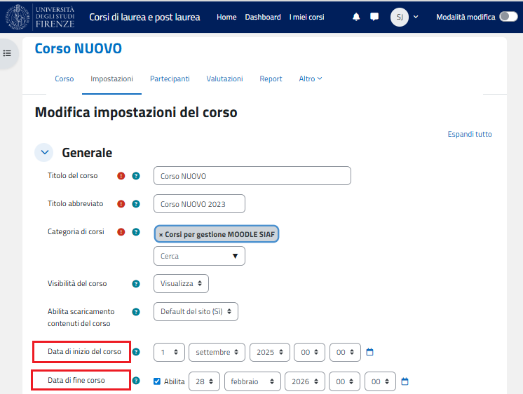 MODIFICA IMPOSTAZIONI DEL CORSO: DATA INIZIO E FINE CORSO