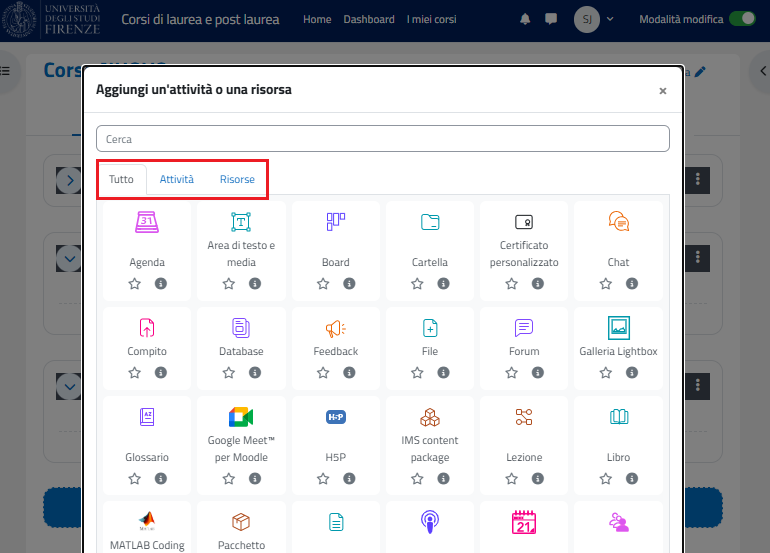 PANNELLO DELLE ATTIVITA' E RISORSE MOODLE